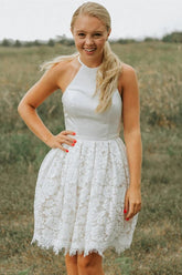 Lace A-line Backless Halter Homecoming Dresses, Short Party Dresses